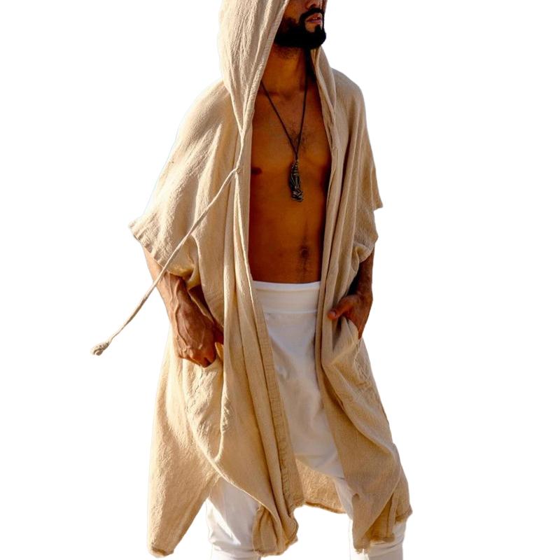 Men's Solid Color Cotton And Linen Hooded Half Sleeve Casual Cardigan 9879142039736