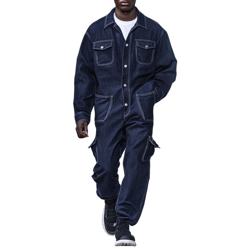 Men Fashion Multi-pocket Single-breasted Lapel Long-sleeved Denim Jumpsuit 9884643983544