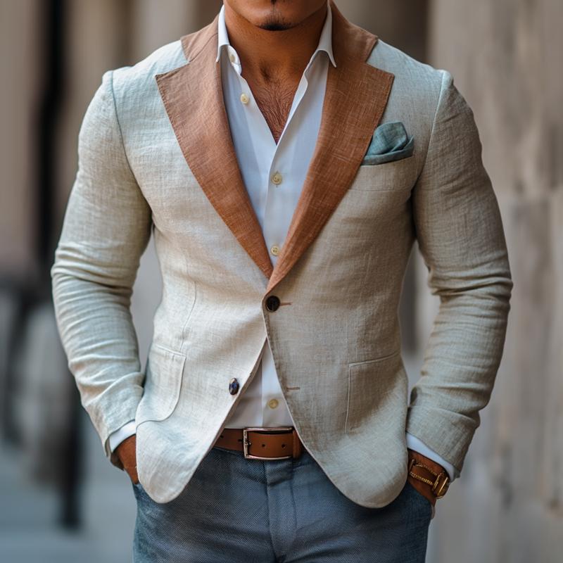 Men's Fashion Colorblock Linen Notch Lapel Two Buttons Blazer 9886818435256