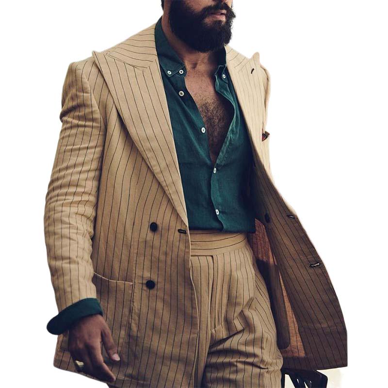 Men's Classic Casual Vertical Striped Double Breasted Linen Blazer 9273157058744