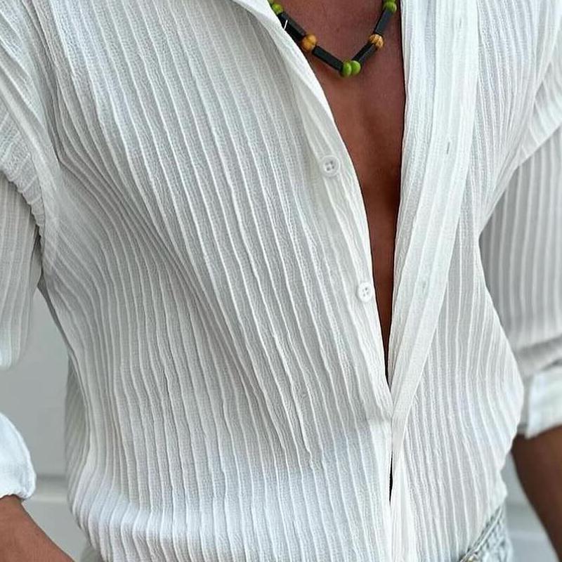Men's Solid Striped Lapel Long Sleeve Casual Shirt 9261798883512