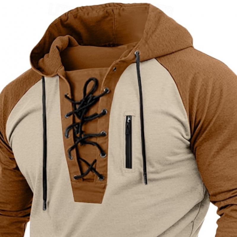 Men's Sports Slim Fit Colorblock Tie Hooded Raglan Long Sleeve T-Shirt 9888005587128