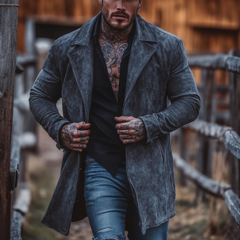 Men's Solid Color Suede Lapel Mid-Length Windbreaker Trench Coat 9261101940920