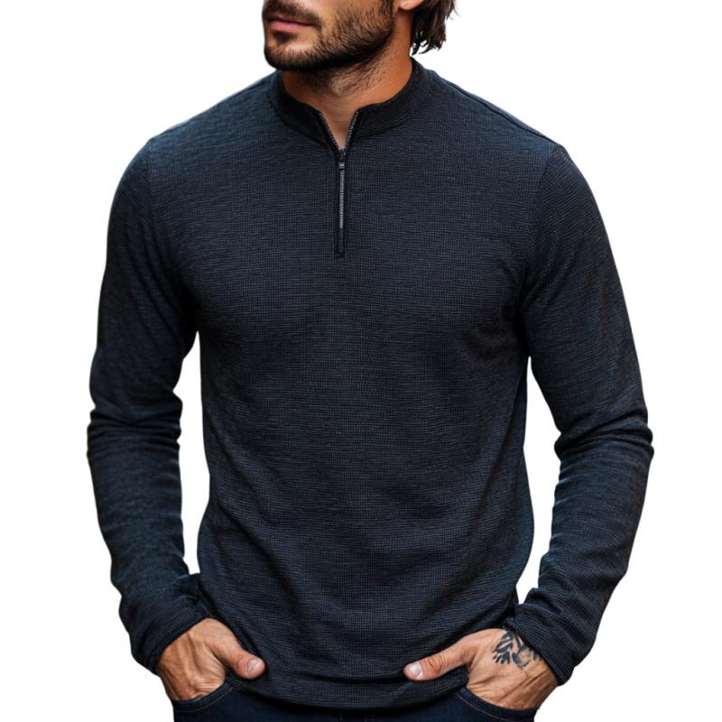 Men's Casual Waffle Stand Collar Zipper Pullover Long Sleeve T-shirt 9274167197880
