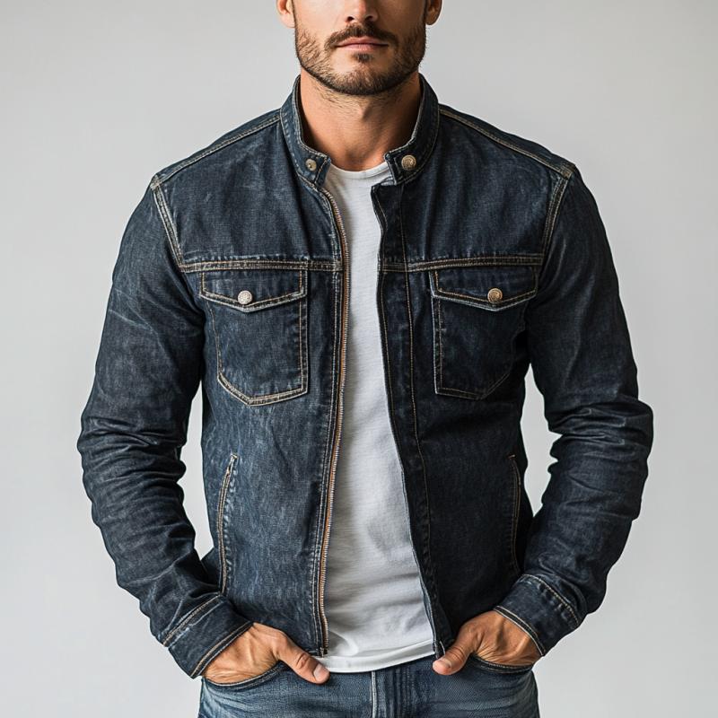 Men's Vintage Washed Stand Collar Multi Pocket Denim Jacket 9887362941112