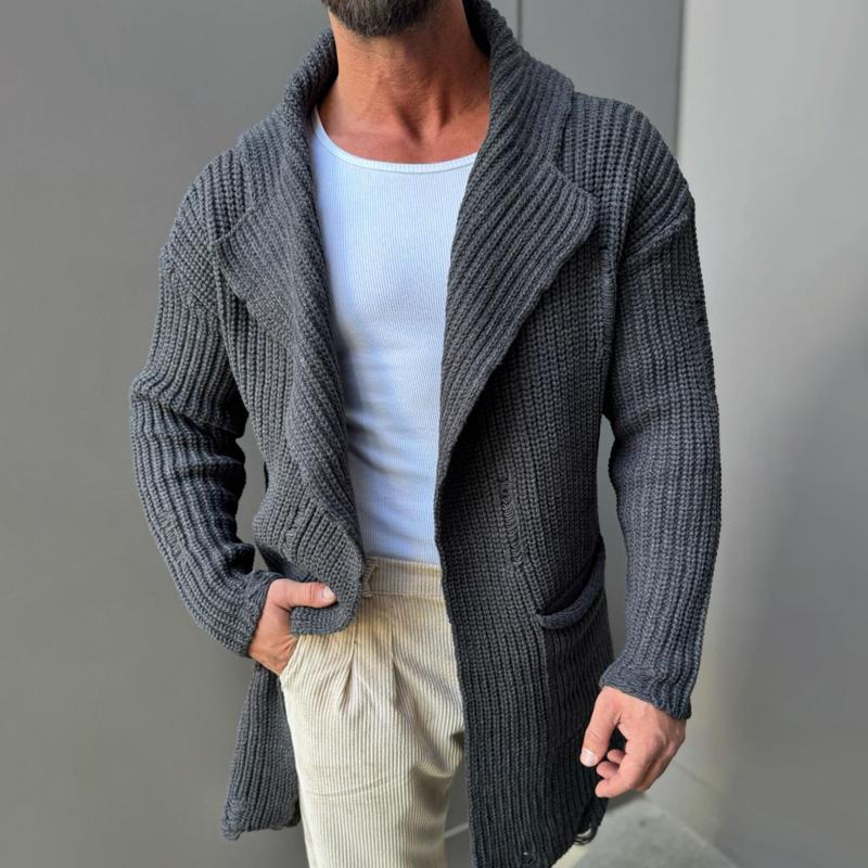 Men's Fashion Solid Color Holes Lapel Long Sleeve Knit Cardigan 9268188283064