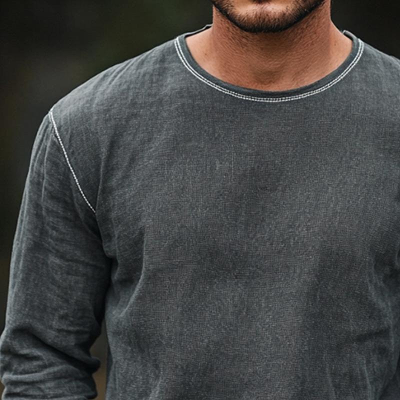 Men's Retro Casual Linen Round Neck Long Sleeve T-Shirt 9887382634680