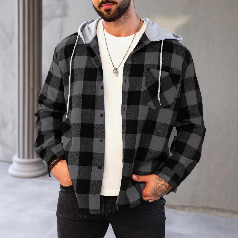 Men's Casual Plaid Long Sleeve Hoodie Jacket 9271921246392