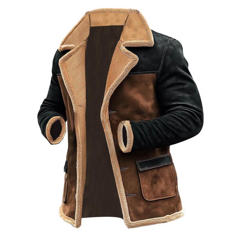 Men's Fleece Colorblock Suede Lapel Suede Single Breasted Multi-pocket Coat 9261105283256