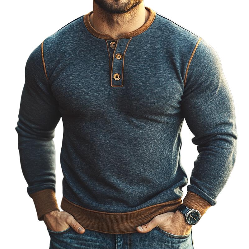 Men's Retro Casual Colorblock Henley Collar Long Sleeve T-Shirt 9873518198968
