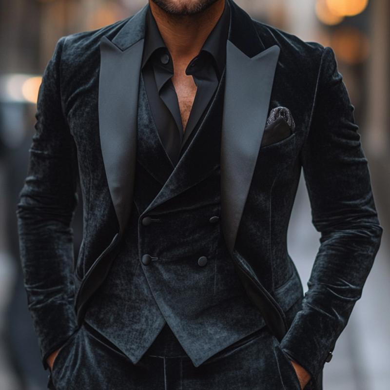 Men's Vintage Velvet Satin Patchwork Peak Lapel Single Breasted Slim Fit Blazer 9873518952632
