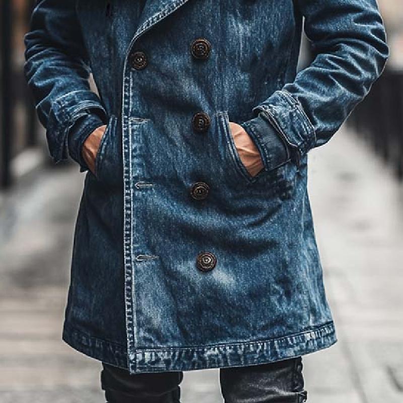 Men's Classic Casual Double Breasted Multi-Length Thigh-Length Denim Jacket 9266614501560