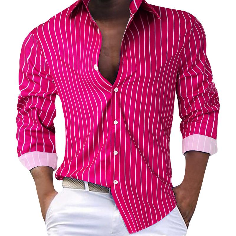 Men's Casual Striped Lapel Single Breasted Long Sleeve Shirt 9261788397752