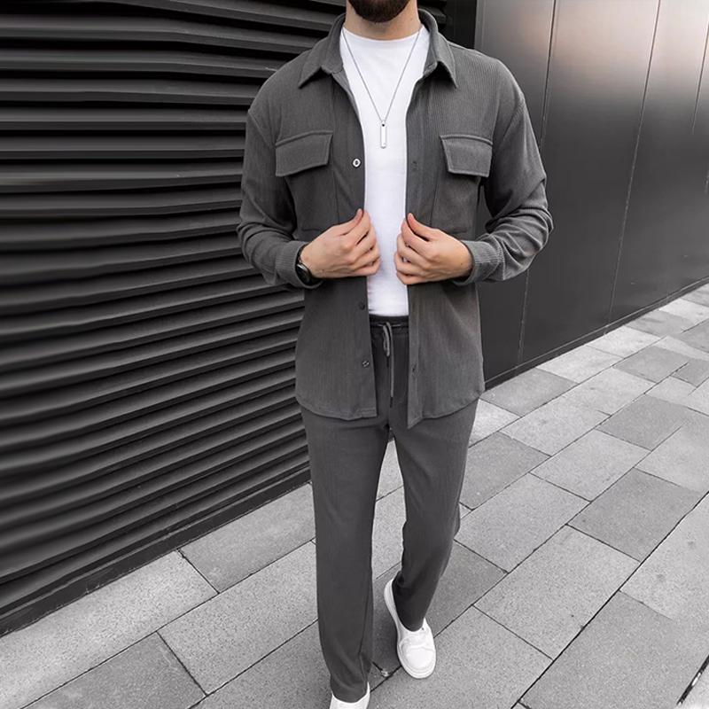 Men's Solid Corduroy Lapel Chest Pocket Jacket Trousers Casual Set 9267507200184