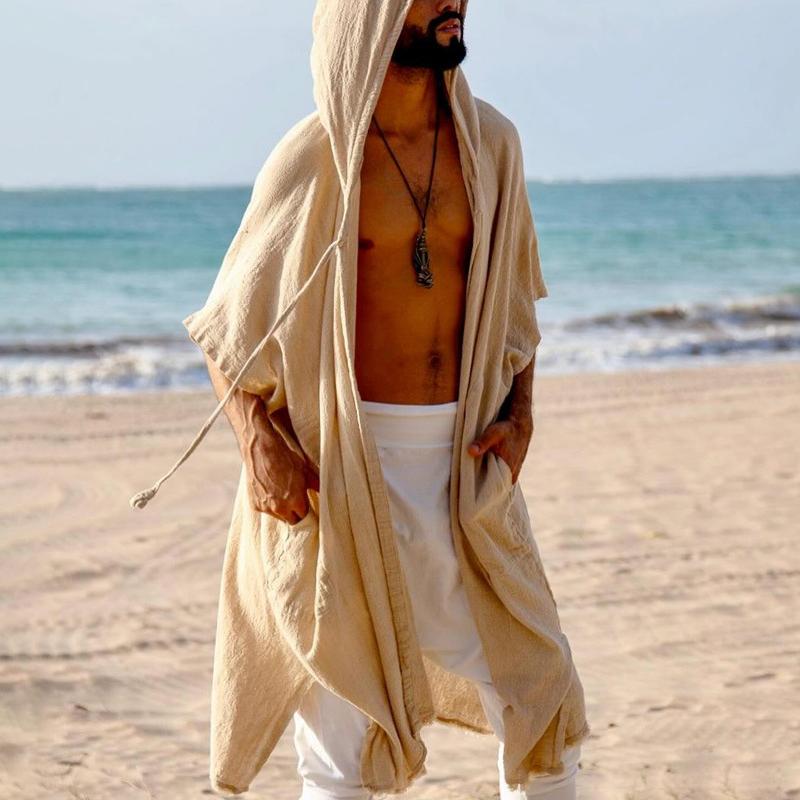 Men's Solid Color Cotton And Linen Hooded Half Sleeve Casual Cardigan 9879142039736