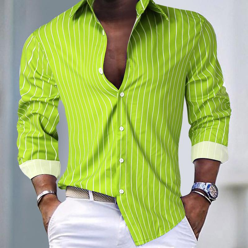 Men's Casual Striped Lapel Single Breasted Long Sleeve Shirt 9261788397752
