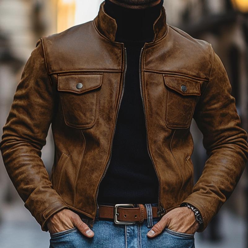 Men's Vintage Leather Stand Collar Multi-Pocket Slim Fit Jacket 9269591605432