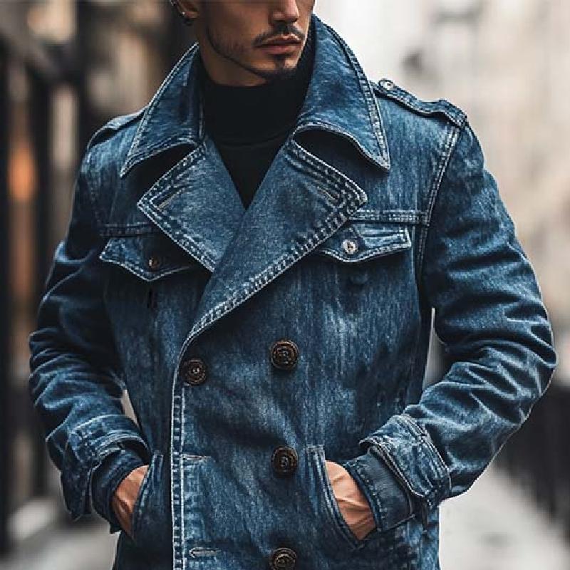 Men's Classic Casual Double Breasted Multi-Length Thigh-Length Denim Jacket 9266614501560