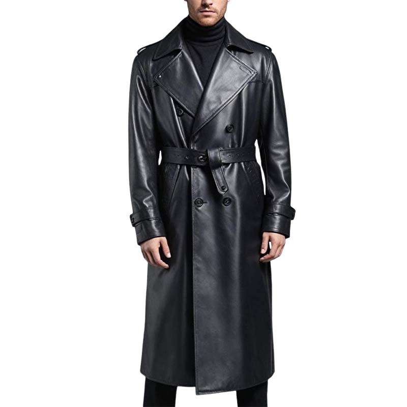 Men's Vintage Classic Knee Length Double Breasted Leather Trench Coat 9271923146936