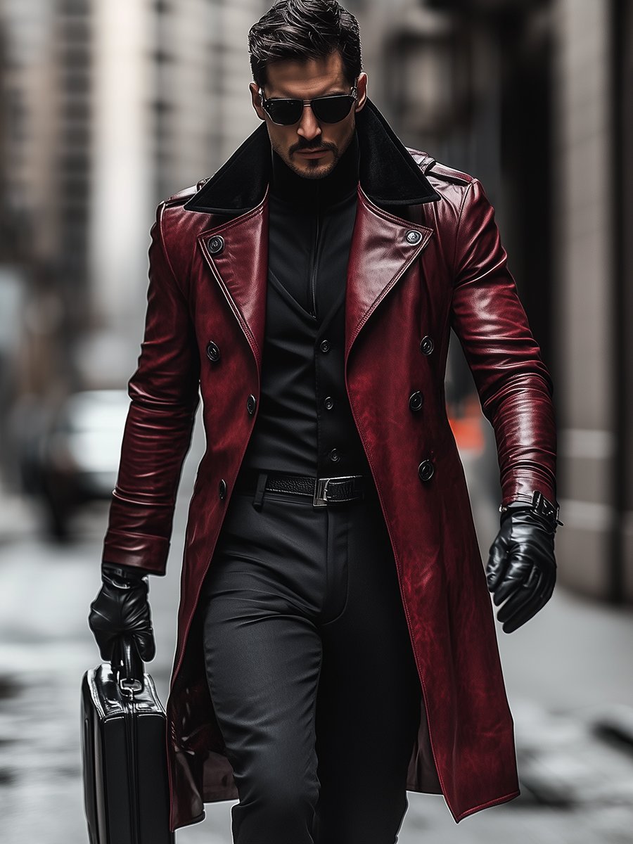 Men's Vintage Contrast Lapel Double-breasted Leather Coat 9888734511288