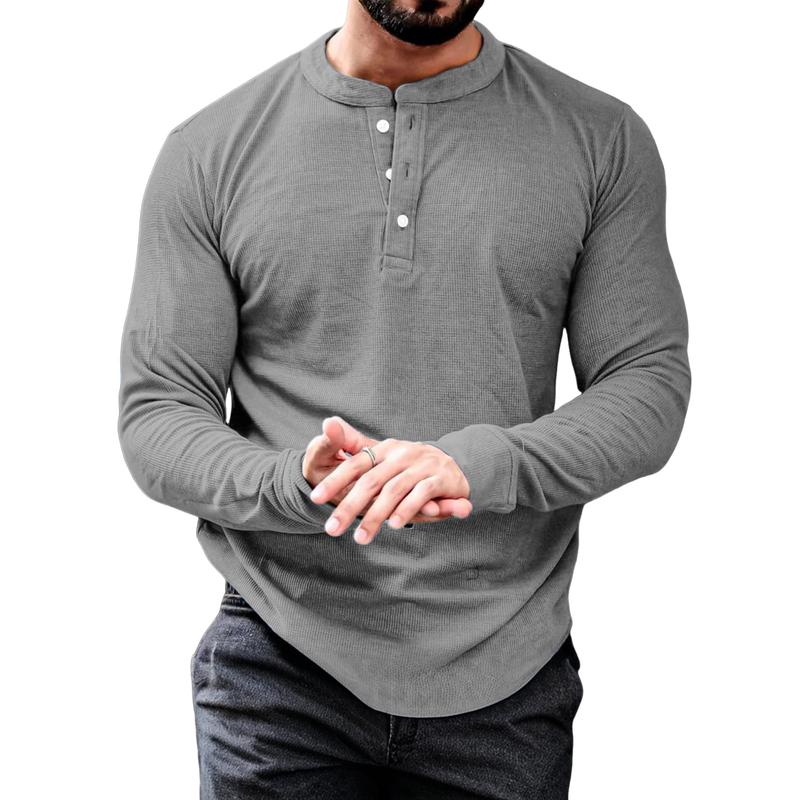 Men's Fashion Waffle Henley Neck Long Sleeve T-Shirt 9890062696632