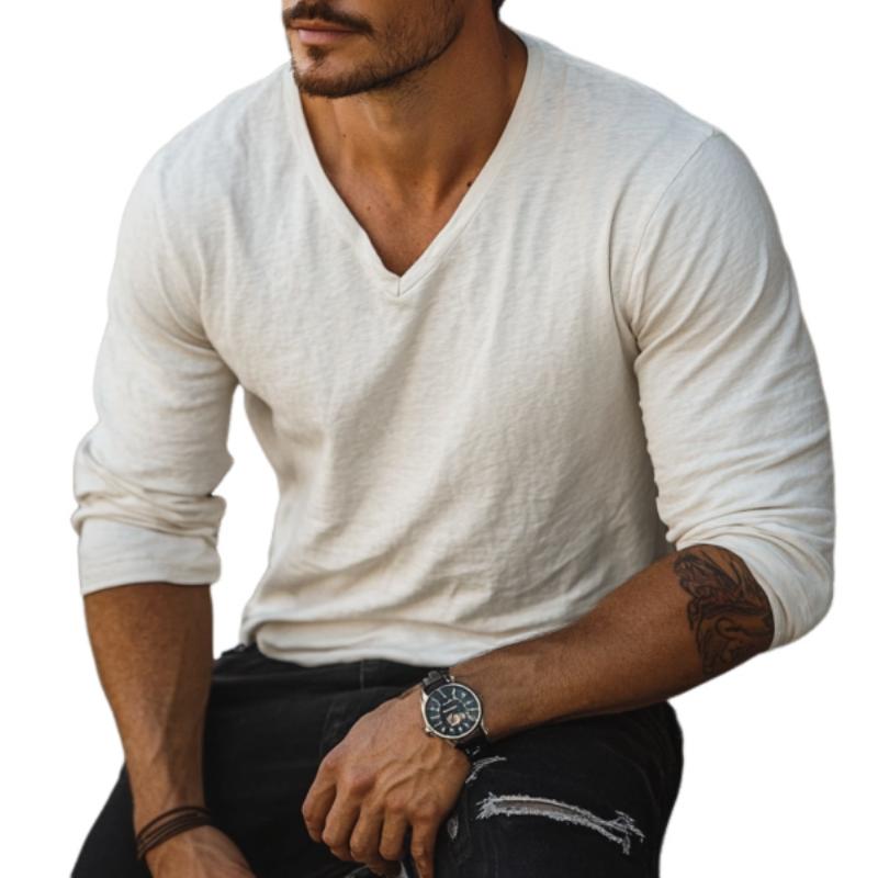 Men's Casual Cotton V-neck Loose Long Sleeve T-shirt 9260832817336