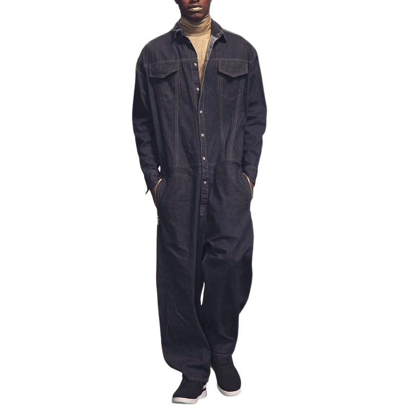 Men's Fashion Lapel Single Breasted Multi-Pocket Loose Denim Jumpsuit 9877217607864
