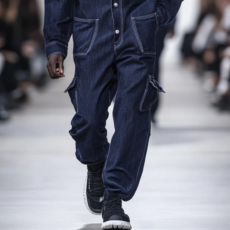 Men Fashion Multi-pocket Single-breasted Lapel Long-sleeved Denim Jumpsuit 9884643983544