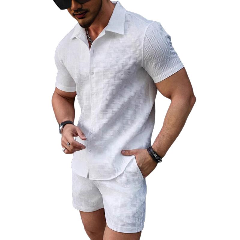 Men's Solid Color Texture Lapel Short Sleeve Shirt Shorts Casual Set 9879141875896