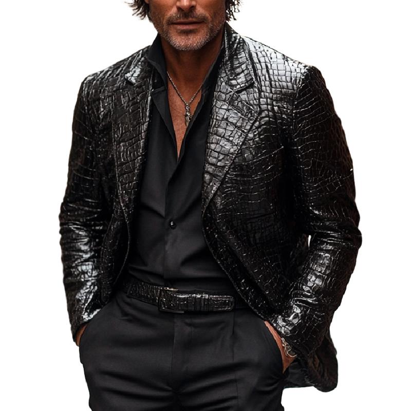 Men's Classic Versatile Black Lapel Crocodile Pattern Leather Blazer 9274151370936