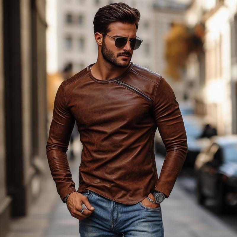 Men's Casual Fashionable Round Collar Slim Fit Leather Long Sleeve T-shirt 9885322346680