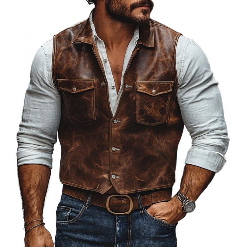 Men's Vintage Leather Lapel Single Breasted Slim Fit Vest 9887360483512
