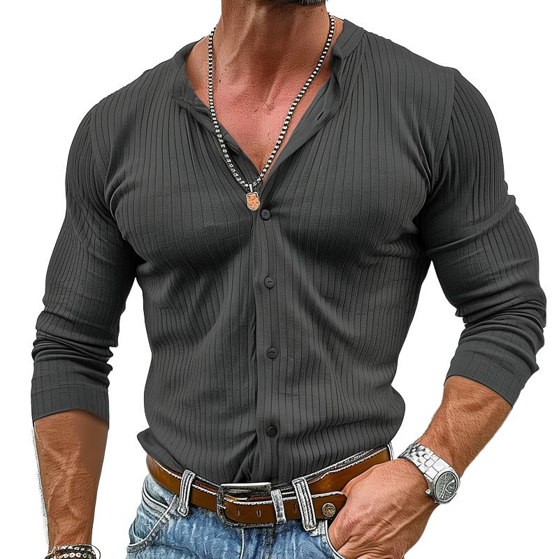 Men's Solid Color Striped Round Neck Long Sleeve Shirt 9261777780920