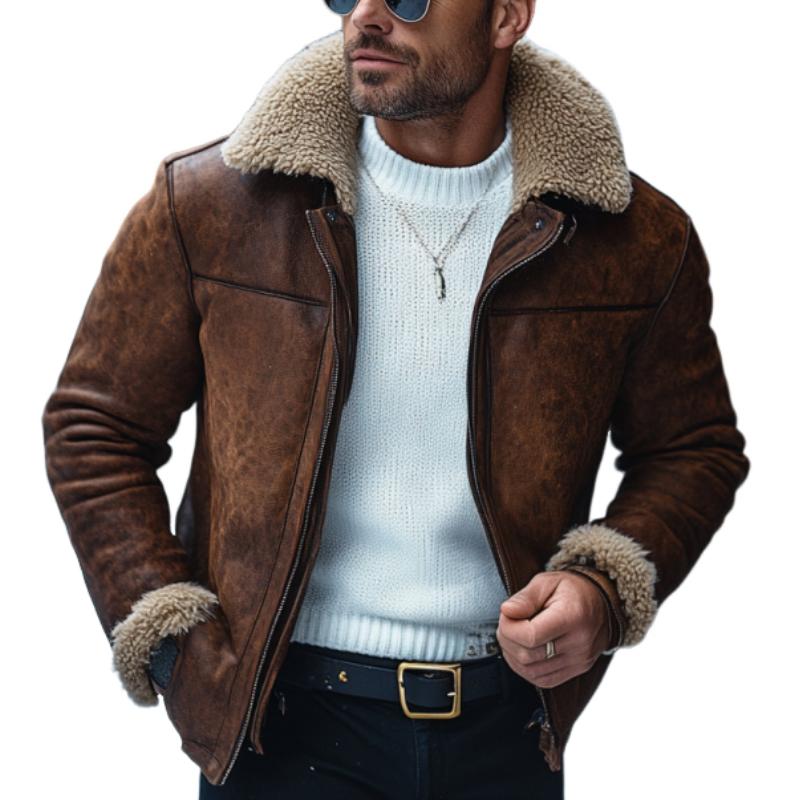 Men's Vintage Leather Lambswool Patchwork Warm Lapel Zipper Coat 9261104791736