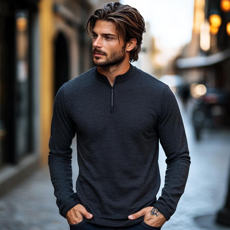 Men's Casual Waffle Stand Collar Zipper Pullover Long Sleeve T-shirt 9274167197880