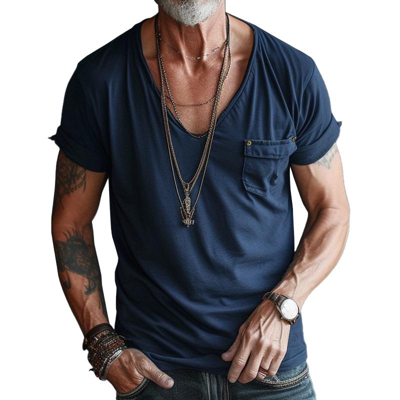 Men's V Neck Breast Pocket Short Sleeve Cargo T-shirt 9261116817592