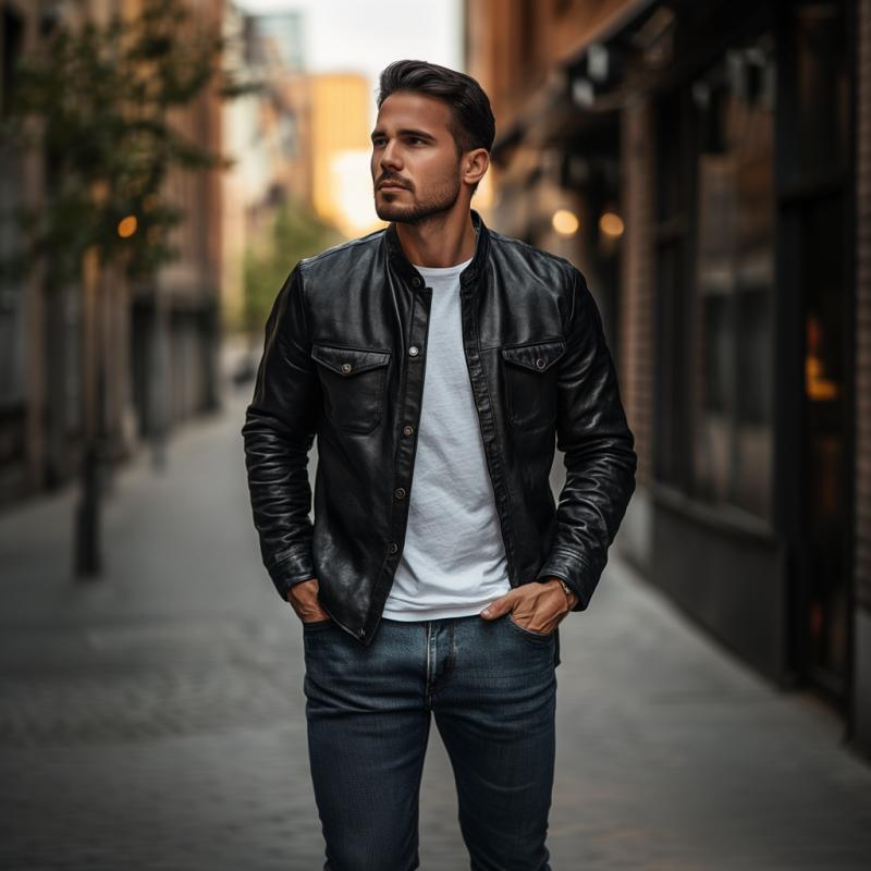 Men's Casual Solid Color Leather Stand Collar Slim Fit Long Sleeve Shirt 9273157583032