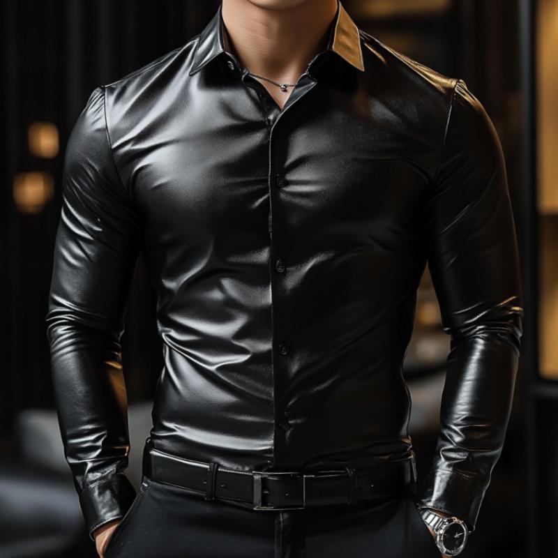 Men's Classic Casual Slim Fit Leather Long Sleeve Shirt 9274169032888