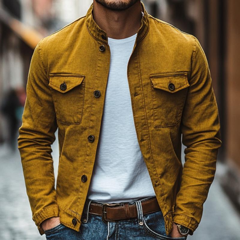 Men's Casual Cotton Linen Stand Collar Slim Fit Long Sleeve Shirt 9883352826040