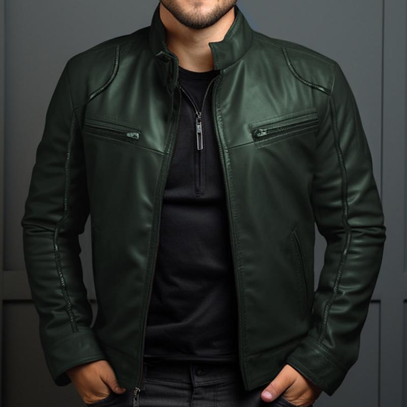 Men's Vintage Stand Collar Zipper Slim Leather Jacket 9261079789752