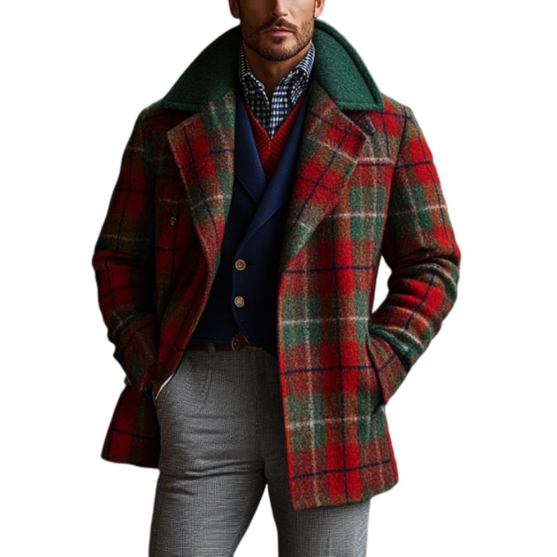 Men's Retro Christmas Plaid Colorblock Lapel Mid-Length Coat 9261102694584