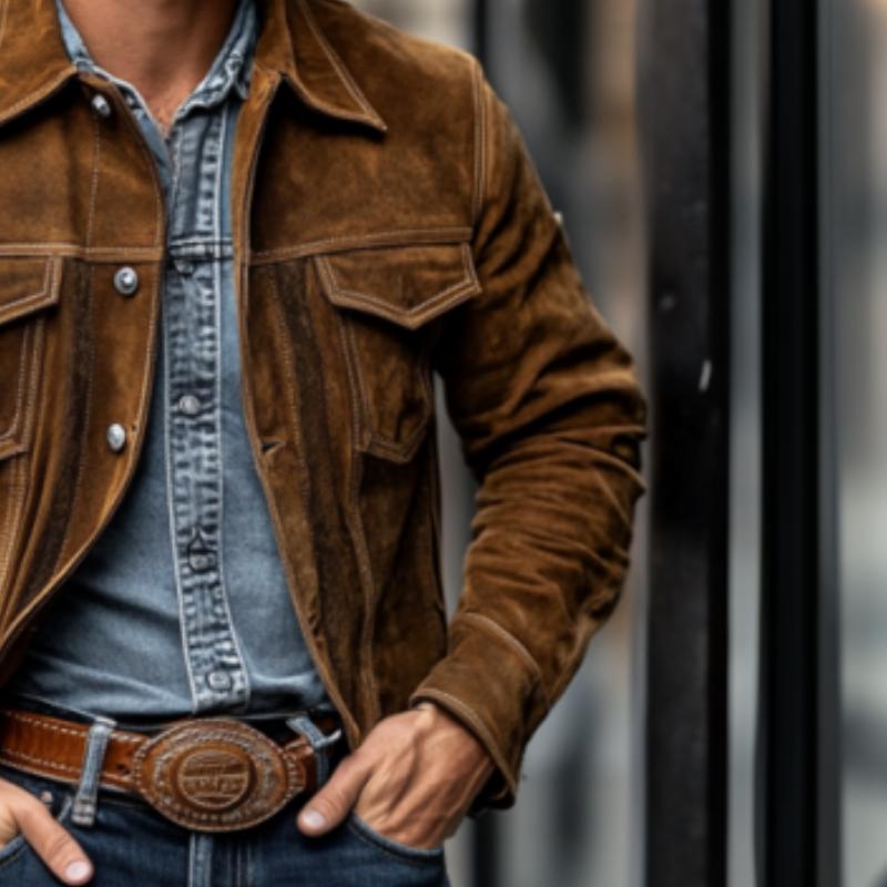 Men's Vintage Classic Western Denim Multi-Pocket Lapel Slim Suede Jacket 9261091193016