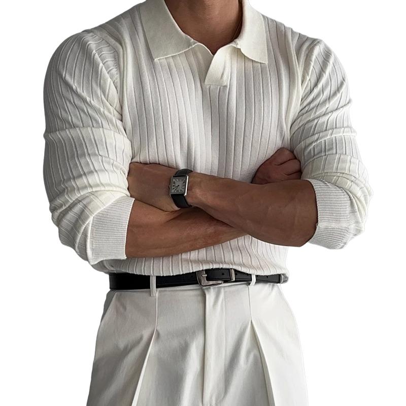 Men's Retro Classic Casual Solid Color Threaded Elastic Lapel Slim Fit Sweater 9262181384376