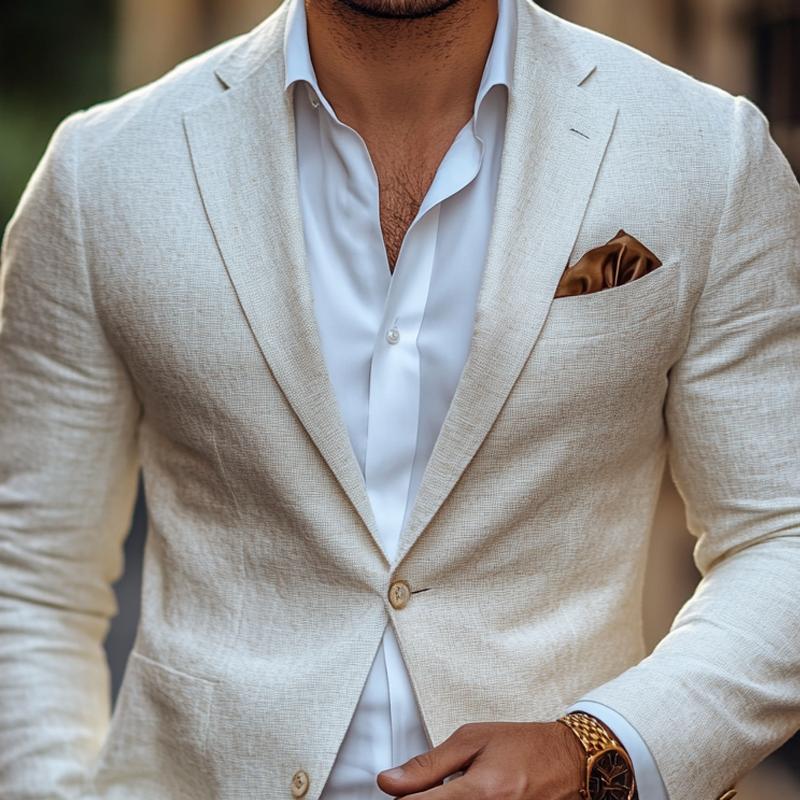 Men's Fashion Solid Color Linen Notch Lapel Two Buttons Casual Blazer 9885839032504