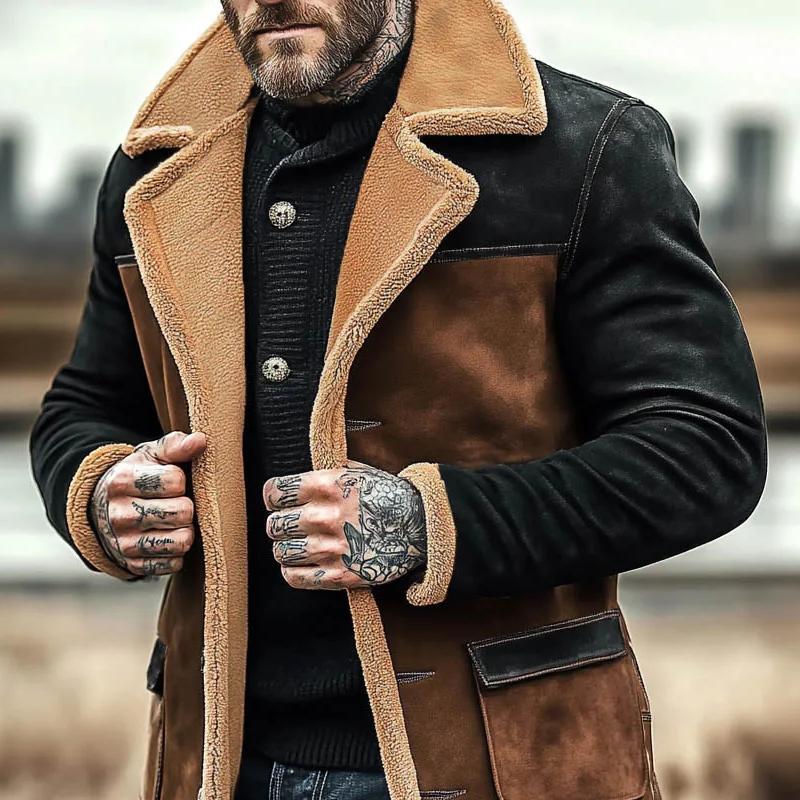 Men's Fleece Colorblock Suede Lapel Suede Single Breasted Multi-pocket Coat 9261105283256