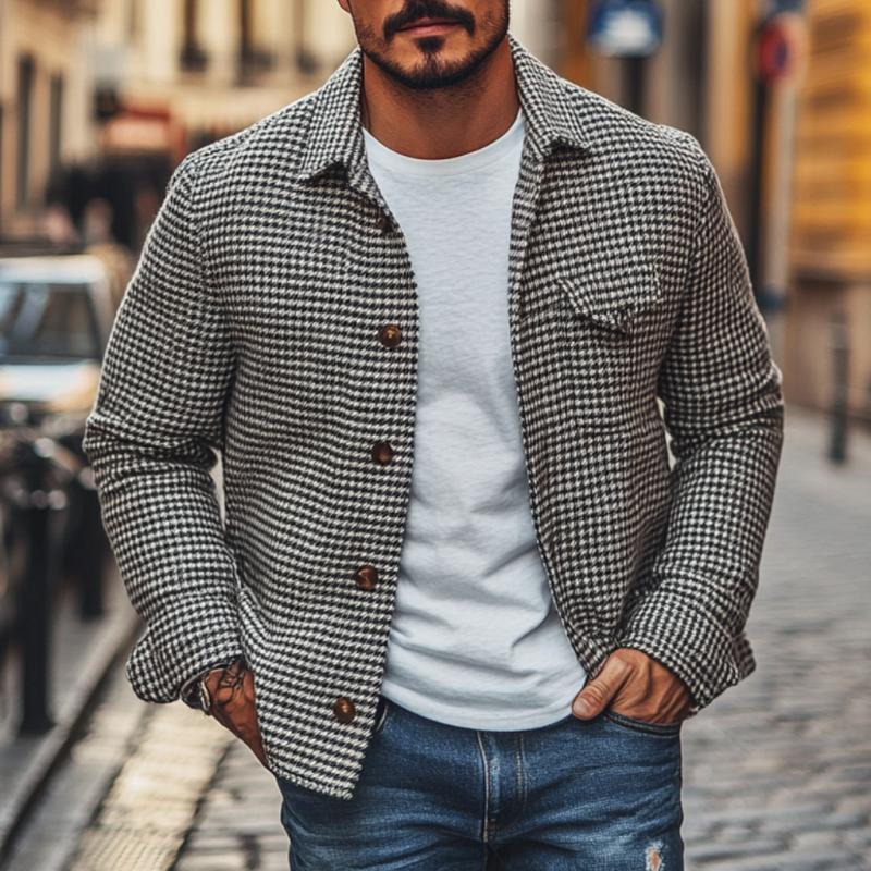Men's Vintage Houndstooth Lapel Single Breasted Shirt Jacket 9261078708408