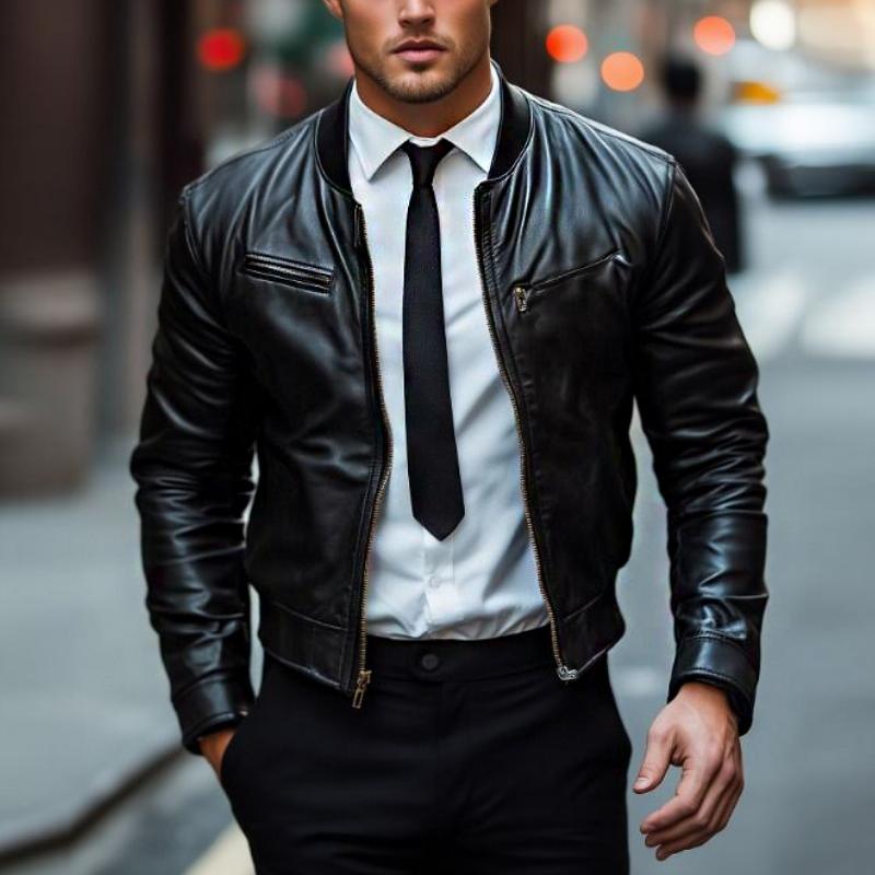 Men's Fashion Crew Neck Baseball Leather Jacket 9885321527480