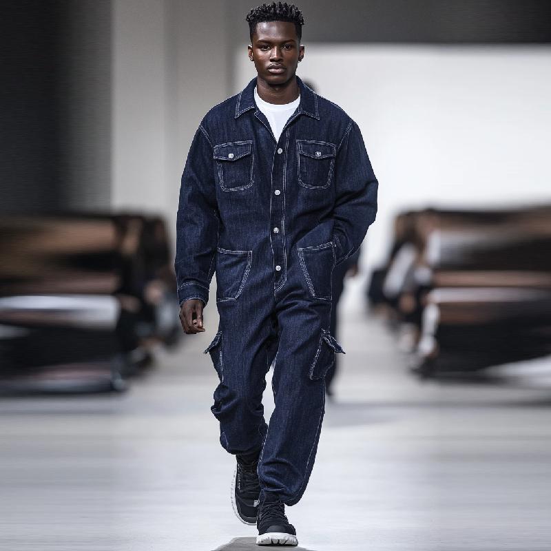 Men Fashion Multi-pocket Single-breasted Lapel Long-sleeved Denim Jumpsuit 9884643983544