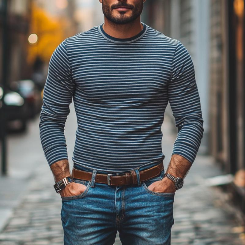 Men's Casual Cotton Blended Round Neck Striped Slim Fit Long Sleeve T-Shirt 9260832882872