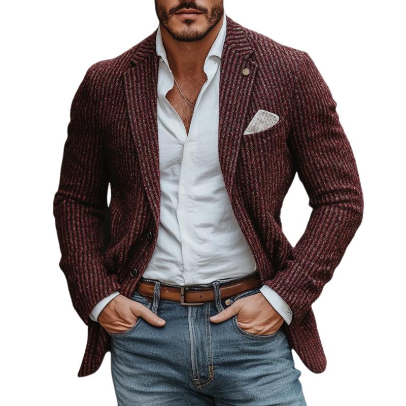 Men's Fashion Knitted Striped Notch Lapel Two Buttons Casual Cardigan 9873134158008